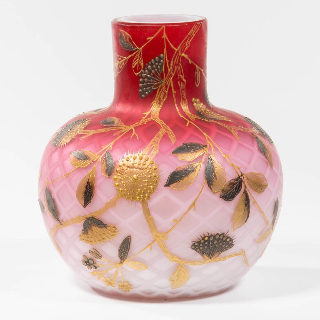 DIAMOND QUILT AIR-TRAP MOTHER-OF-PEARL SATIN GLASS VASE: DIAMOND QUILT AIR-TRAP MOTHER-OF-PEARL SATIN GLASS VASE, ruby to light pink, bulb-form with gold and black painted decoration, factory-polished rim. Possibly Phoenix Glass Co./Thomas Webb & Sons. Four