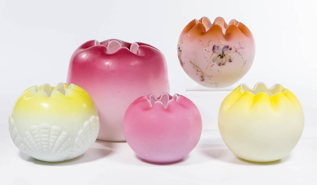 ASSORTED VICTORIAN SATIN GLASS ROSE BOWLS, LOT OF FIVE (1 of 1)