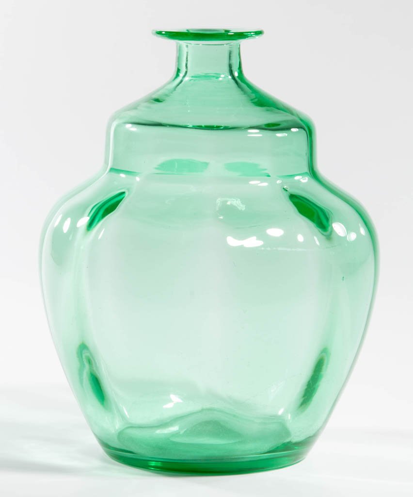 FRY PANEL-OPTIC WATER BASE LAMP: FRY PANEL-OPTIC WATER BASE LAMP, Emerald, stepped shoulder, polished pontil mark. H. C. Fry Glass Co. First quarter 20th century. 8" H.
