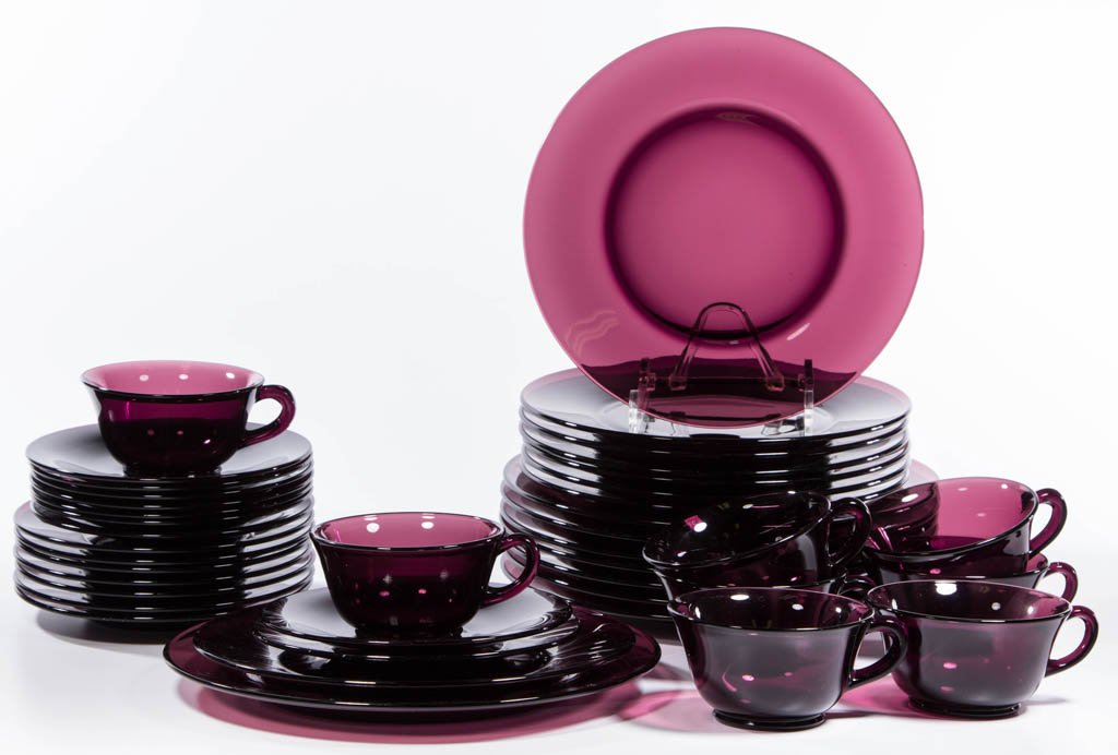 FRY COLORED GLASS DINNERWARE ARTICLES, LOT OF 40 (1 of 1)