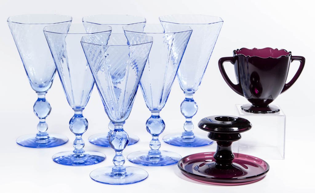 ASSORTED FRY COLORED GLASS ARTICLES, LOT OF EIGHT (1 of 1)