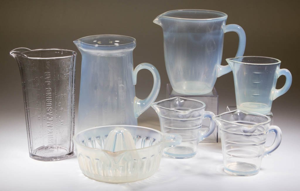 ASSORTED FRY OPALESCENT ARTICLES, LOT OF SIX: ASSORTED FRY OPALESCENT ARTICLES, LOT OF SIX, comprising a pitcher with a factory-polished base, an opalescent reamer, coffee pot/percolator base, and three measures. Together with a Rochester Glass C