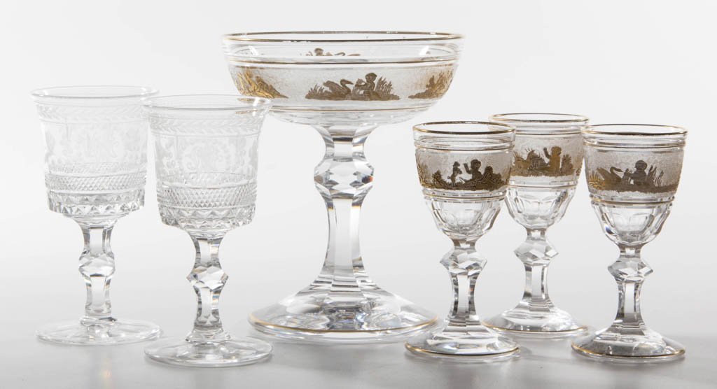 ASSORTED CUT / ETCHED DRINKING ARTICLES, LOT OF SIX (1 of 1)