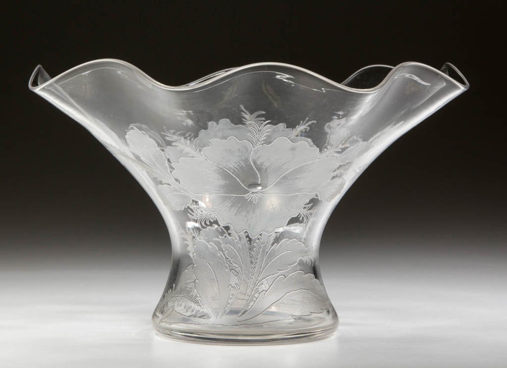DORFLINGER "KALANA PANSY" SWEAT PEA VASE: DORFLINGER "KALANA PANSY" SWEAT PEA VASE, colorless, ruffled eight-petal rim, polished pontil mark. C. Dorflinger & Sons. First quarter 20th century. 4 1/4" H, 7" D. Literature: Feller - Dorflinger, p