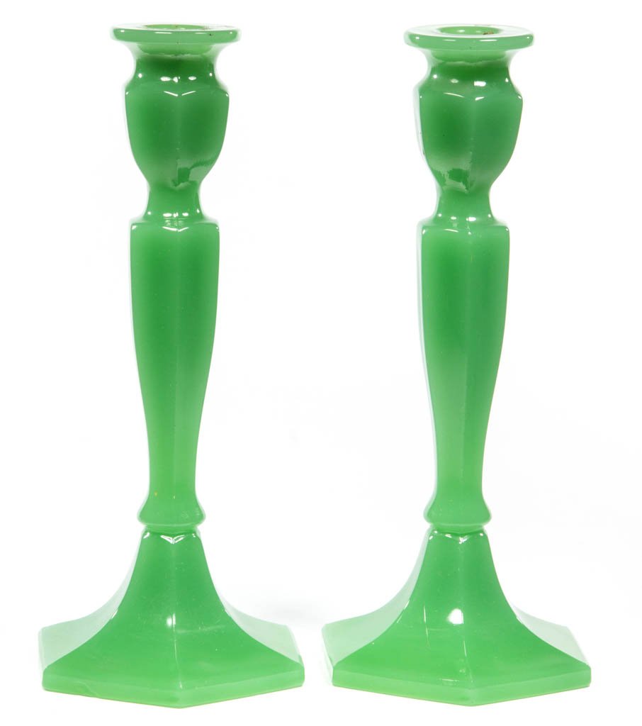 FENTON NO. 349 COLONIAL PAIR OF CANDLESTICKS: FENTON NO. 349 COLONIAL PAIR OF CANDLESTICKS, jade green, hexagonal form with open base. Fenton Art Glass Co. Circa 1920-1930. 10 1/4" H.