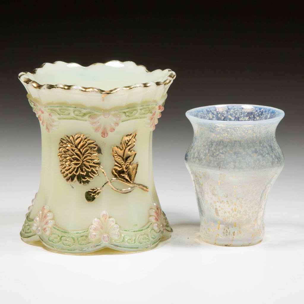 CHRYSANTHEMUM SPRIG / PAGODA TOOTHPICK HOLDER: CHRYSANTHEMUM SPRIG / PAGODA TOOTHPICK HOLDER, custard (uranium) with green, pink, and gilt decoration, base embossed "Northwood". Together with a colorless opalescent dimpled toothpick with mica flak