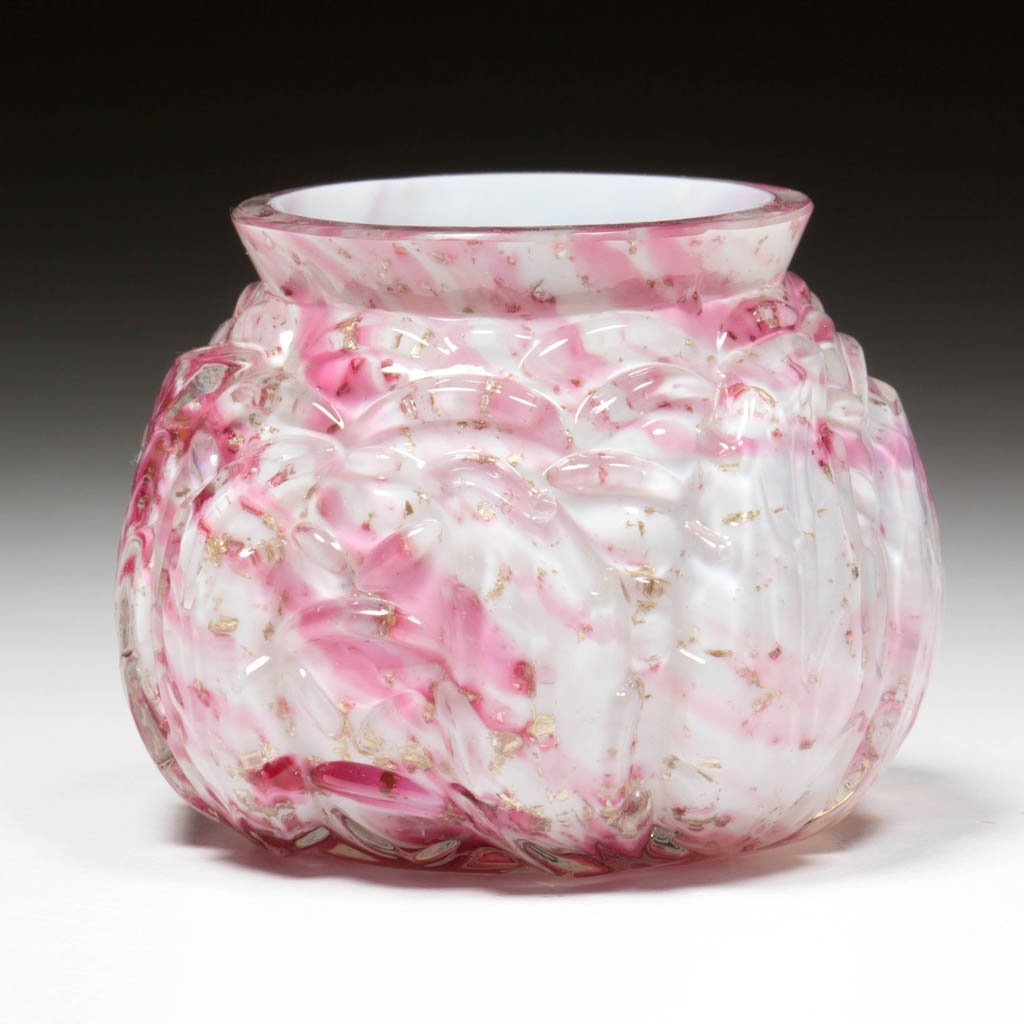 NORTHWOOD NO. 333 / LEAF MOLD SPATTER TOOTHPICK HOLDER: NORTHWOOD NO. 333 / LEAF MOLD SPATTER TOOTHPICK HOLDER, Royal Silver/cased opal with cranberry spatter and mica flecks, factory-polished rim. Northwood Glass Co. Pattern introduced in 1891. 1 7/8" H.L