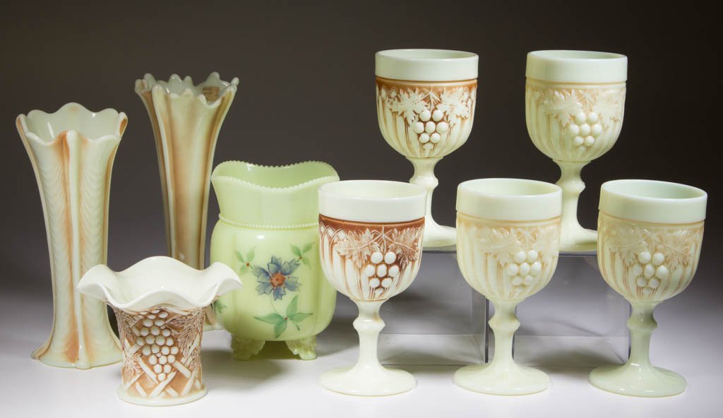 ASSORTED CUSTARD GLASS TABLE ARTICLES, LOT OF NINE (1 of 1)