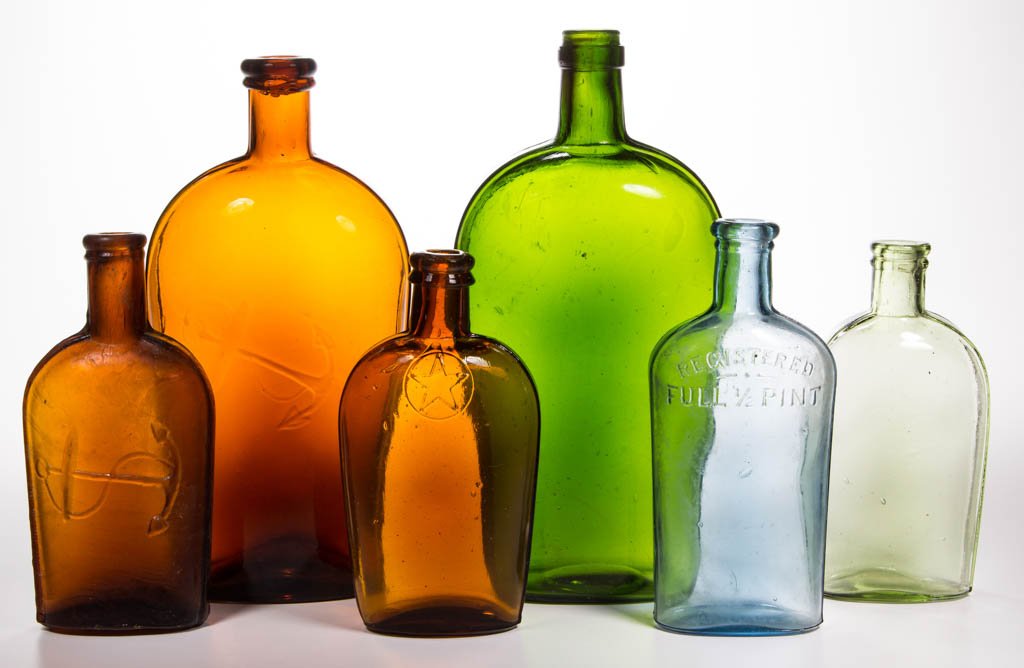 STRAP SIDED FLASK WHISKEY BOTTLES, LOT OF SIX (1 of 1)