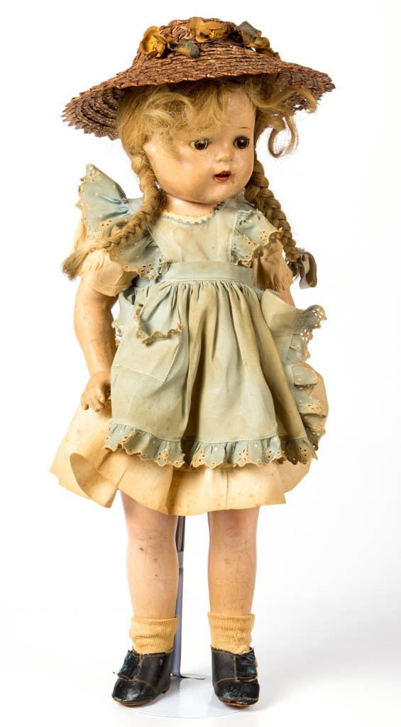 MADAME ALEXANDRIA "MCGUFFEY ANA" COMPOSITION CHILD DOLL: MADAME ALEXANDRIA "MCGUFFEY ANA" COMPOSITION CHILD DOLL, socket head embossed "MADAME ALEXANDER" along with some illegible embossing, brown sleep eyes with eyelashes, painted eyebrows, blonde hair in 