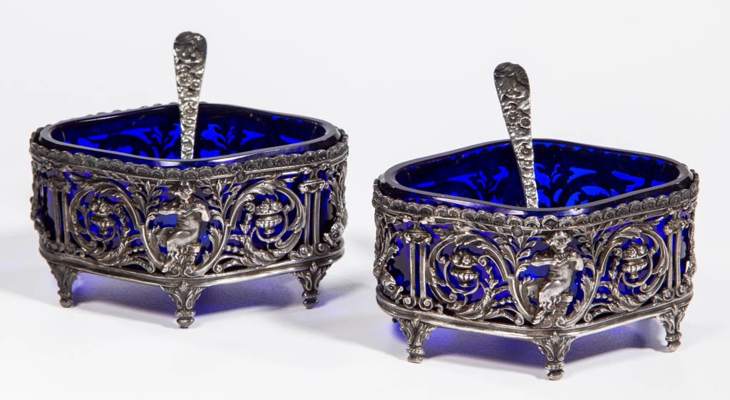 FRENCH STERLING SILVER AND GLASS OPEN SALTS, LOT OF TWO (1 of 1)