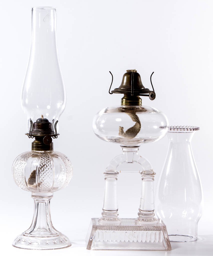 ASSORTED PATTERN KEROSENE STAND LAMPS, LOT OF TWO (1 of 1)