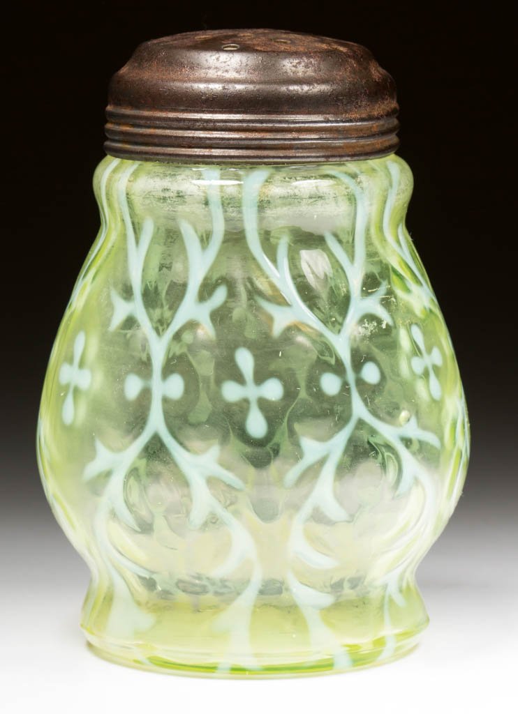 OPALINE BROCADE / SPANISH LACE SUGAR SHAKER: OPALINE BROCADE / SPANISH LACE SUGAR SHAKER, Vaseline (uranium) opalescent, period lid. Northwood Glass Co. Circa 1899. 4 1/2" H.Literature: Parallels Heacock/Elmore - Opalescent Glass From A to Z, p.