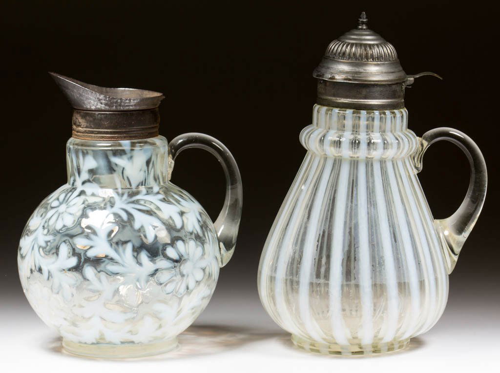 ASSORTED OPALESCENT GLASS SYRUP PITCHERS, LOT OF TWO (1 of 1)