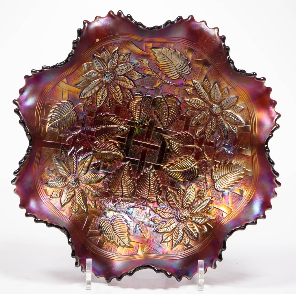 NORTHWOOD POINSETTIA AND LATTICE CARNIVAL GLASS BOWL (1 of 1)