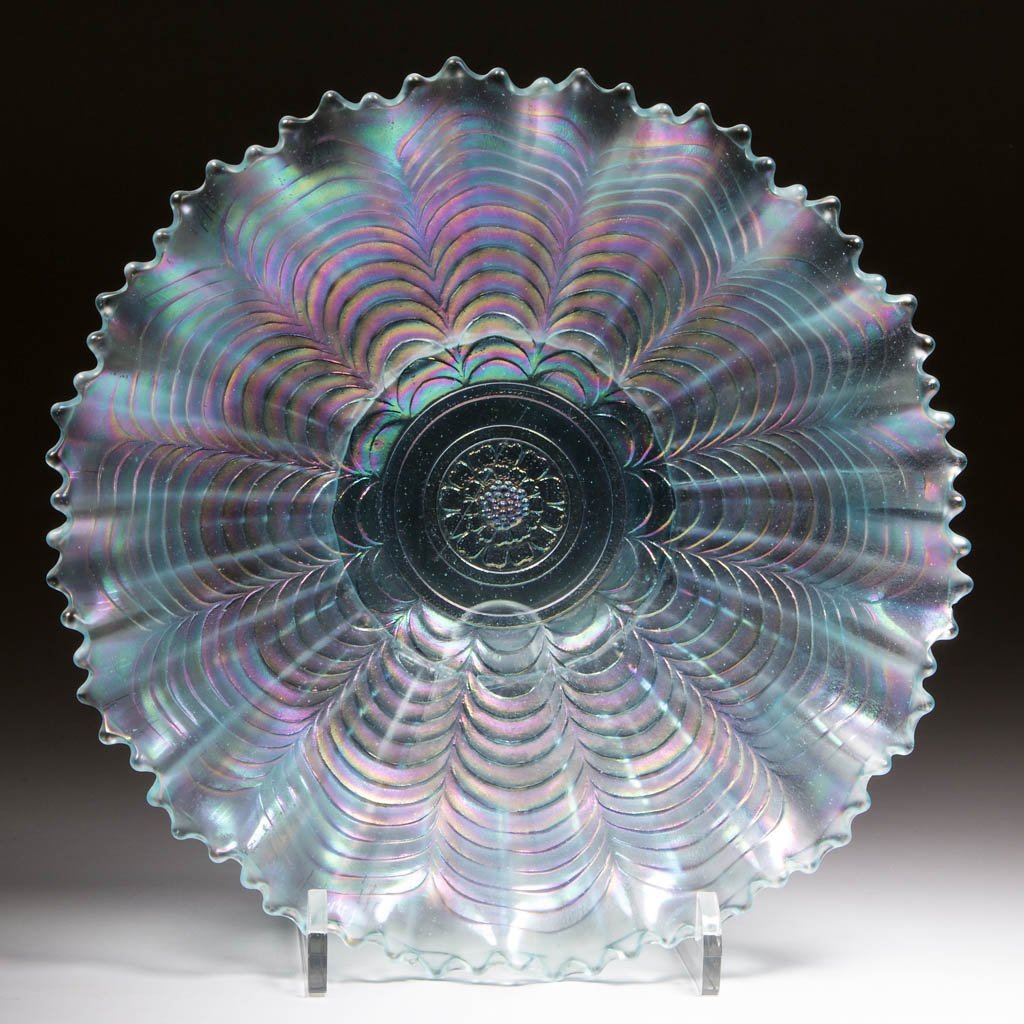 NORTHWOOD NIPPON BOWL: NORTHWOOD NIPPON BOWL, ice blue, with ribbed exterior, ruffled and serrated/pie crust rim, signed. H. Northwood Co. First quarter 20th century. 2" H, 8 3/4" D. Provenance: Collection of the late Jerry
