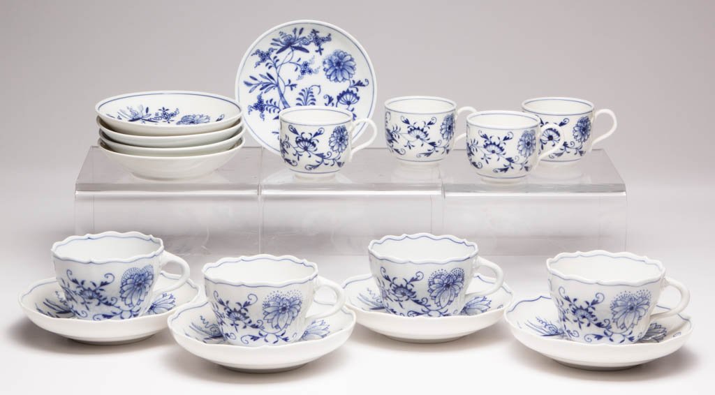 MEISSEN BLUE ONION CUP AND SAUCER SETS, LOT OF EIGHT (1 of 1)