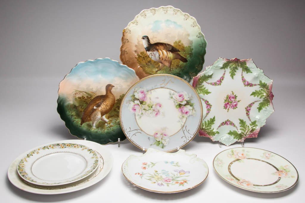 ASSORTED CONTINENTAL PORCELAIN PLATES, LOT OF EIGHT: ASSORTED CONTINENTAL PORCELAIN PLATES, LOT OF EIGHT, various floral and other decorations, including two various bird decorated plates, one marked for Zen Scherzer & Co.; a Moritz Zdekauer example wit