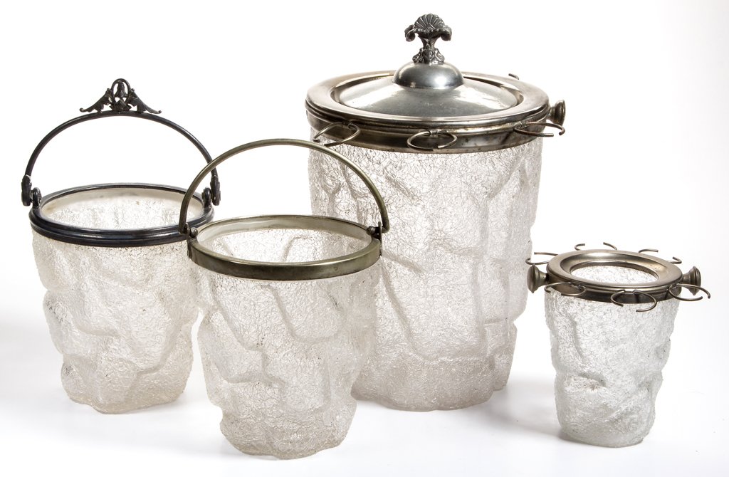 ASSORTED OVERSHOT ARTICLES, LOT OF FOUR: ASSORTED OVERSHOT ARTICLES, LOT OF FOUR, colorless, each molded in a Ruba Rombic-like pattern, comprising three ice buckets, each with metal mount, and a wine cooler with metal mount and cover. Late 1
