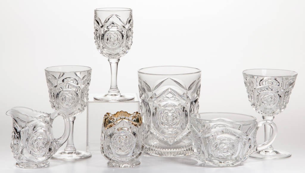 DUNCAN & MILLER NO. 50 / BLOCK AND ROSETTE ARTICLES,: DUNCAN & MILLER NO. 50 / BLOCK AND ROSETTE ARTICLES, LOT OF SEVEN, colorless, including a tumbler with a factory polished base, three wines, and a toothpick holder with gilt decoration. Duncan & Mille