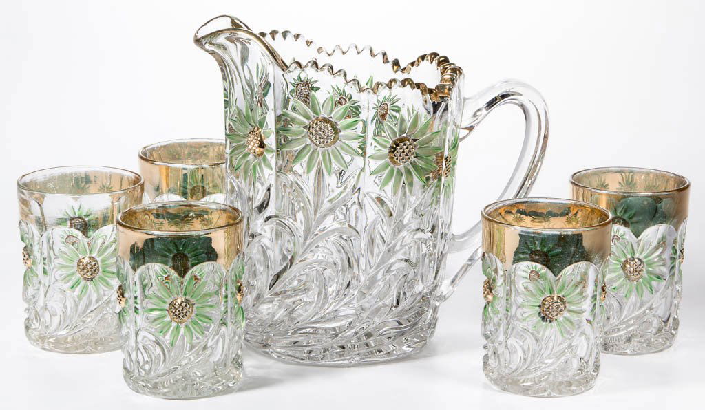 INTAGLIO SUNFLOWER - GREEN-STAINED SIX-PIECE WATER SET (1 of 1)