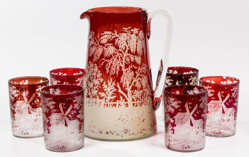 PLATE-ETCHED - RUBY-STAINED SEVEN-PIECE WATER SET (1 of 1)