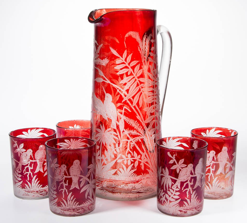 PLATE-ETCHED - RUBY-STAINED SIX-PIECE WATER SET (1 of 1)