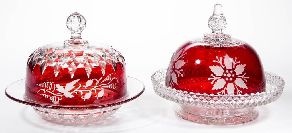 ASSORTED EAPG - RUBY-STAINED COVERED BUTTER DISHES, LOT (1 of 1)