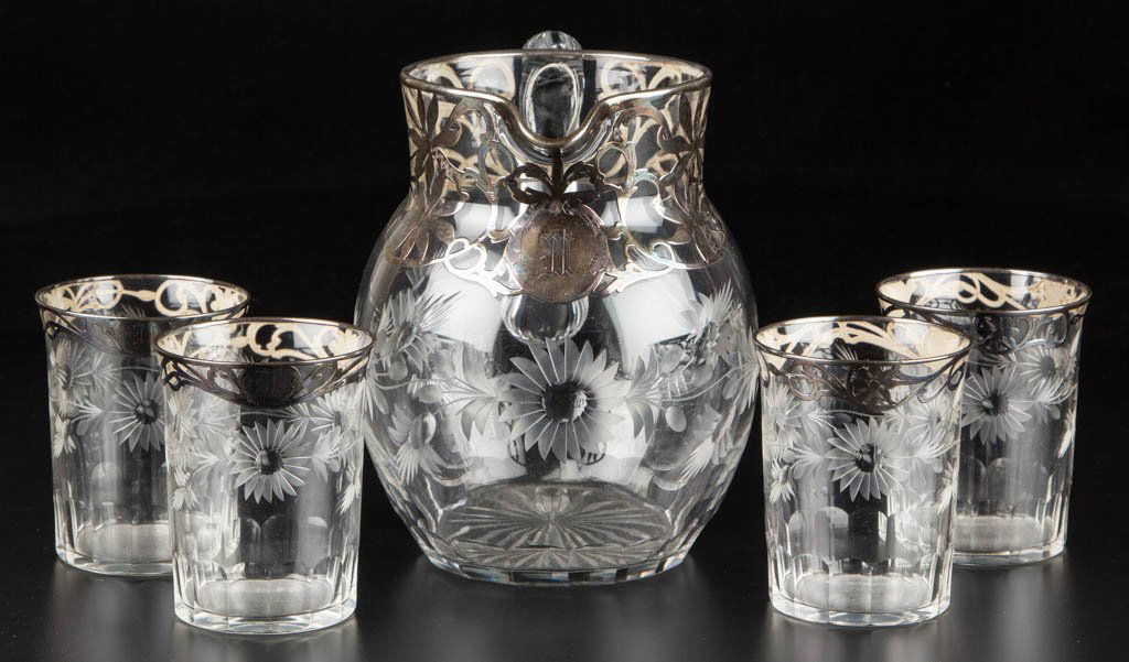 SILVER-OVERLAY CUT GLASS FIVE-PIECE BEVERAGE SET (1 of 1)