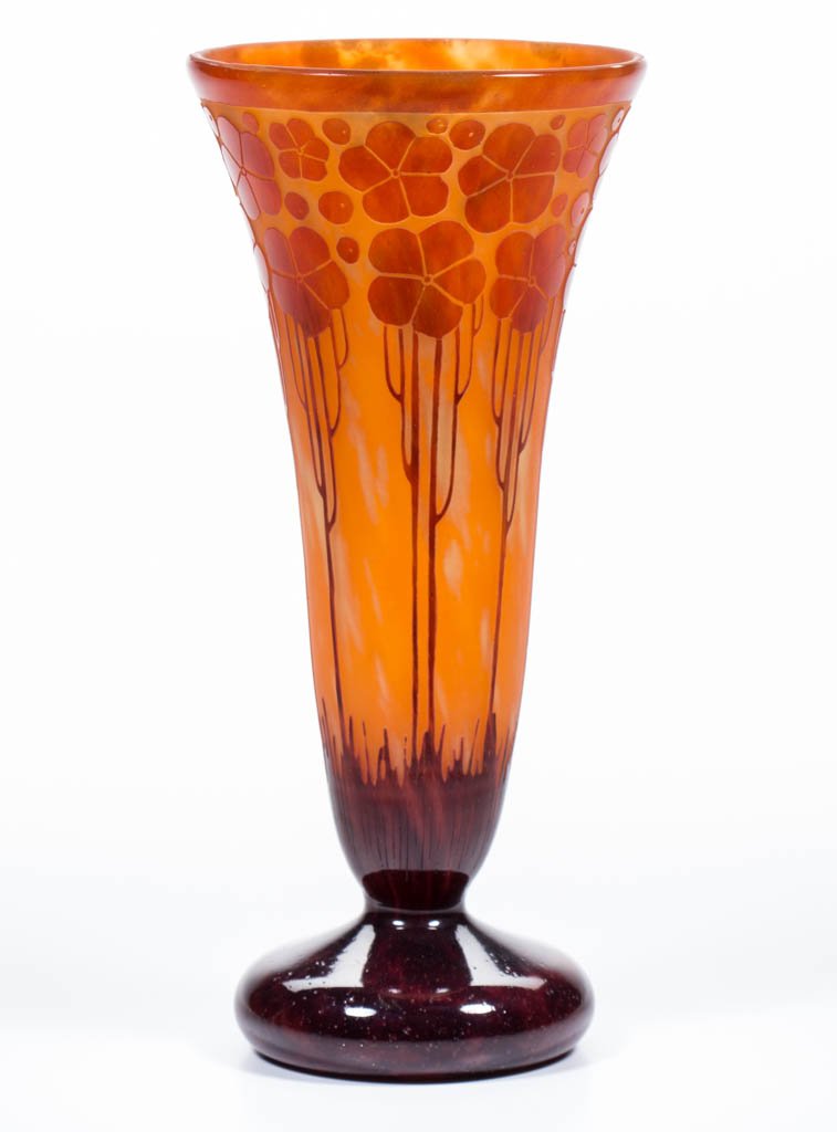 SCHNEIDER CARDAMINE ART-DECO CAMEO TRUMPET VASE: SCHNEIDER CARDAMINE ART-DECO CAMEO TRUMPET VASE, maroon shaded to orange down to orange with spattered yellow ground, polished base, engraved, "Charder/Le Verre Francais," under the base etched, "Fran