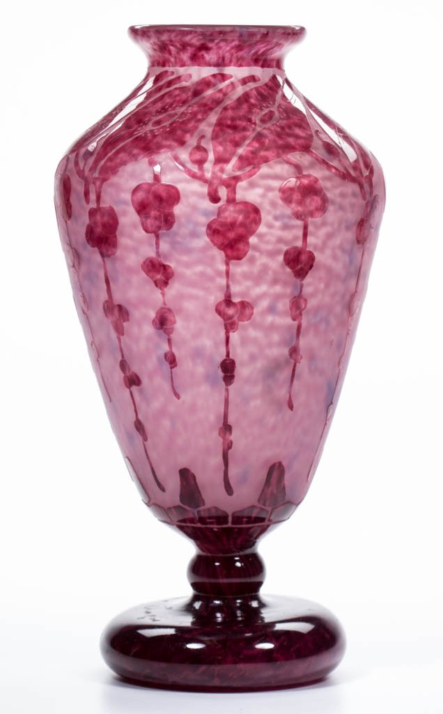 SCHNEIDER GARANCE ART-DECO CAMEO VASE: SCHNEIDER GARANCE ART-DECO CAMEO VASE, amethyst shaded to cranberry down to a rose pink ground, wide polished pontil mark, engraved, "Le Verre Francais." Schneider Glass Co. Circa 1925-1927. 14 1/2" H