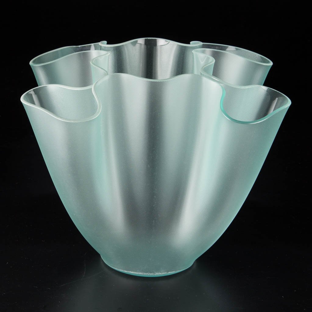 PIETRO CHIESA CARTOCCIO ART GLASS VASE: PIETRO CHIESA CARTOCCIO ART GLASS VASE, pale green, with a textured surface, having a central vase with four peripheral openings to each side. Second half 20th century. 9 1/2" HOA, 12 1/2" DOA. Proven
