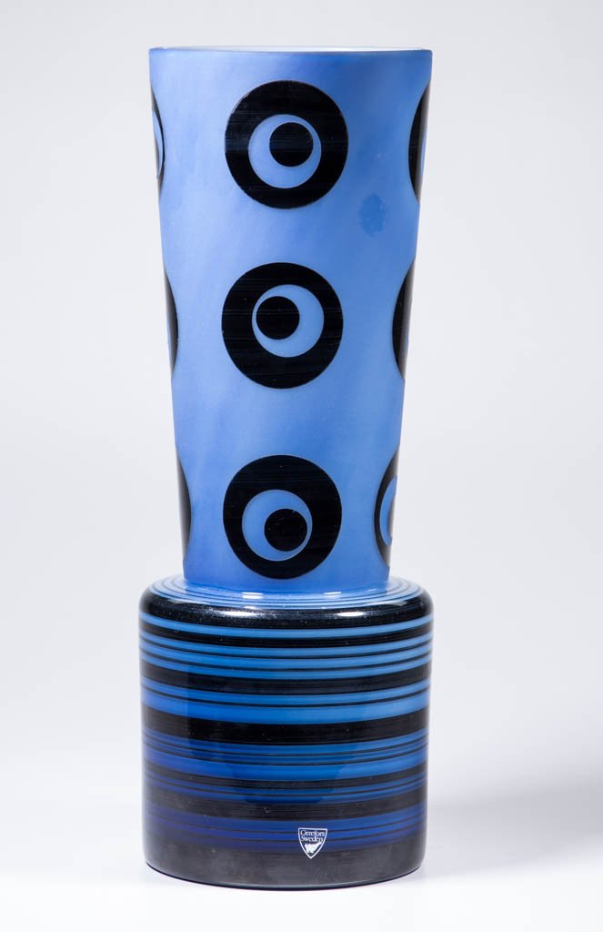 ORREFORS STUDIO ART GLASS VASE: ORREFORS STUDIO ART GLASS VASE, blue ground with black decoration, having a tapered upper half with blue areas having a lightly sanded surface and alternating spherical design applied to a glossy fini