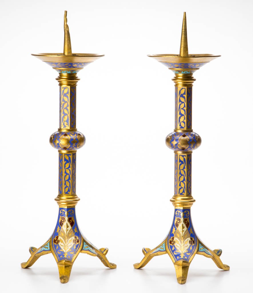 PAIR OF ARTS AND CRAFTS ENAMELED GILT-BRASS PRICKETS /: PAIR OF ARTS AND CRAFTS ENAMELED GILT-BRASS PRICKETS / CANDLESTICKS, each executed in an Hispano-Mooresque style, marked "Brevete / S. G. D. G." First quarter 20th century. Each 13 1/4" HOA. Provenanc