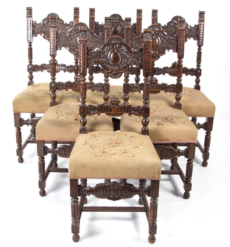 SET OF SIX CONTINENTAL CARVED HARDWOOD SIDE CHAIRS (1 of 3)
