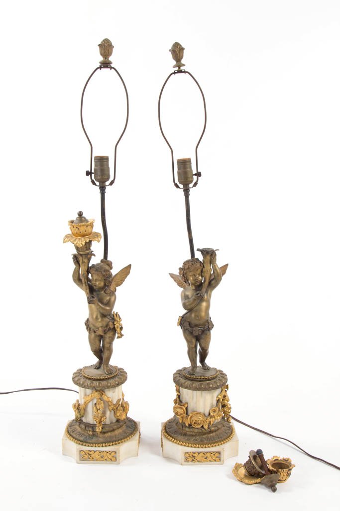 PAIR OF FRENCH FIGURAL ORMOLU-MOUNTED BRASS AND MARBLE (1 of 2)