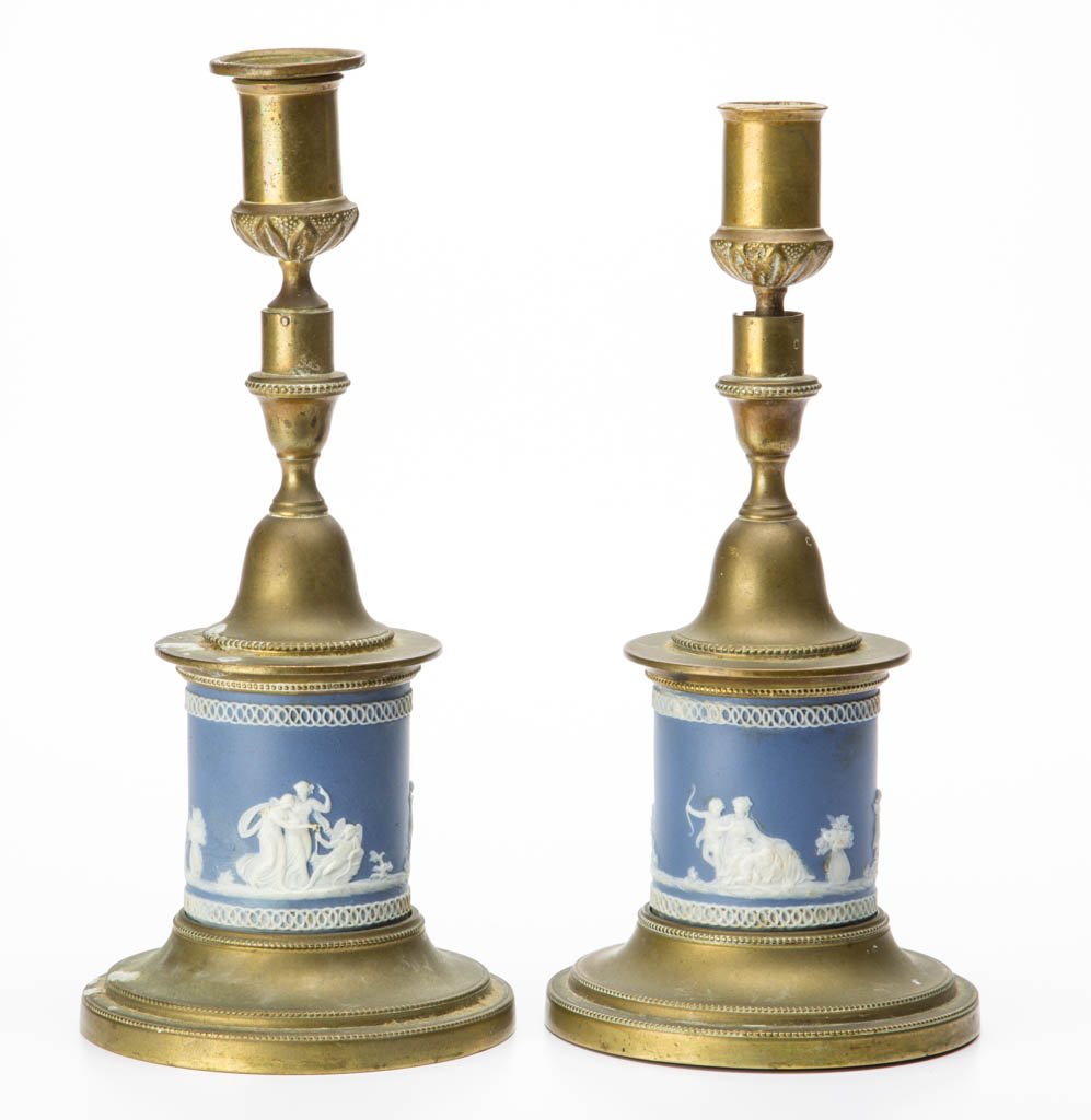 PAIR OF JASPERWARE AND BRASS CANDLESTICKS (1 of 1)