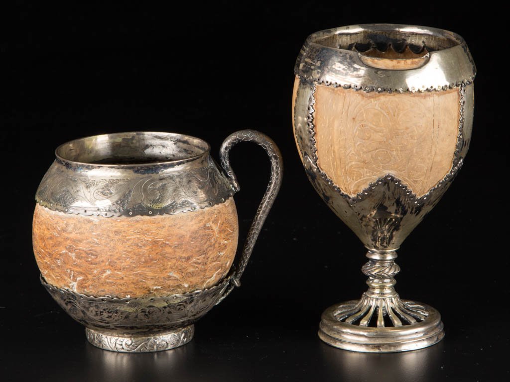 SILVER-MOUNTED CARVED COCONUT DRINKING VESSELS, LOT OF (1 of 1)