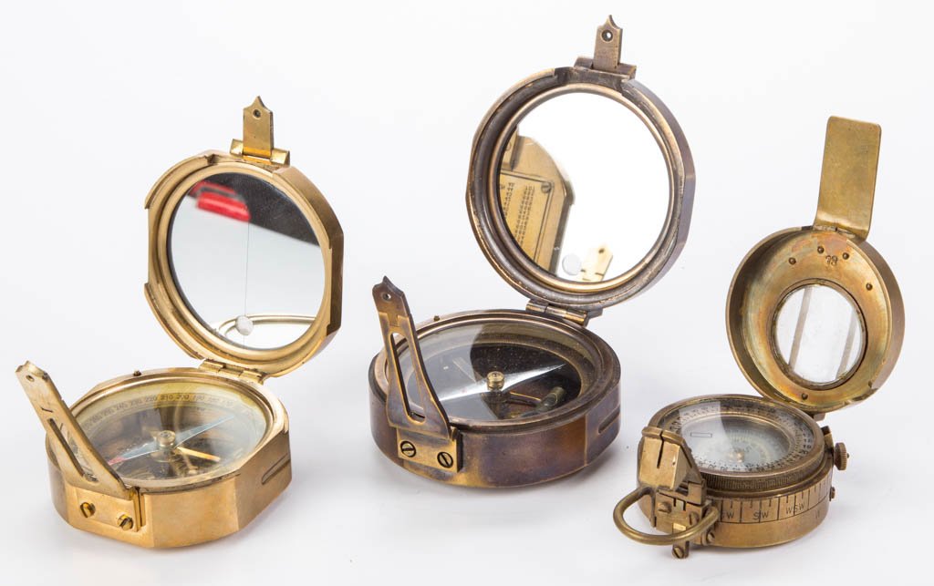 DECORATIVE BRASS-CASE COMPASSES, LOT OF THREE (1 of 1)