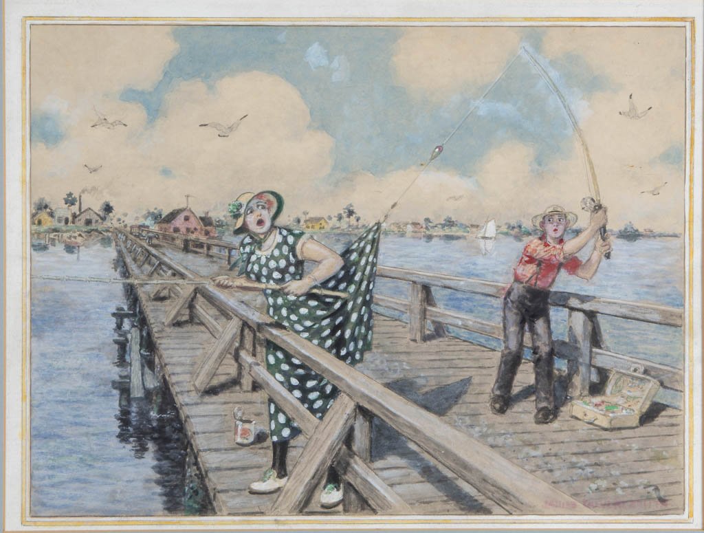 JAMES CALVERT SMITH (AMERICAN, 1878 - 1962) ORIGINAL: JAMES CALVERT SMITH (AMERICAN, 1878 - 1962) ORIGINAL ILLUSTRATION, watercolor, pencil, and gouache on paper, a comical genre scene set on a beach pier (likely in Florida) involving a young man fishing