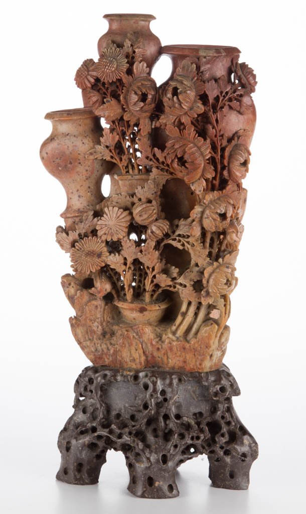 CHINESE SOAPSTONE TRIPLE-VASE SCHOLAR ROCK ON WOOD BASE (1 of 3)