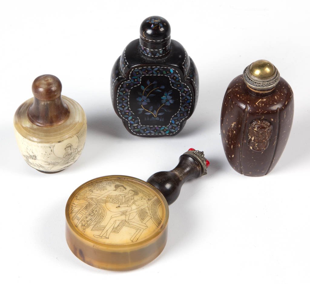 ASSORTED CHINESE SNUFF BOTTLES, LOT OF FOUR: ASSORTED CHINESE SNUFF BOTTLES, LOT OF FOUR, mother-of-pearl inlaid lacquer and various organic materials, one with erotic imagery, each with cap. 20th century. 2 1/8" to 3 1/2" H. Provenance: From a 