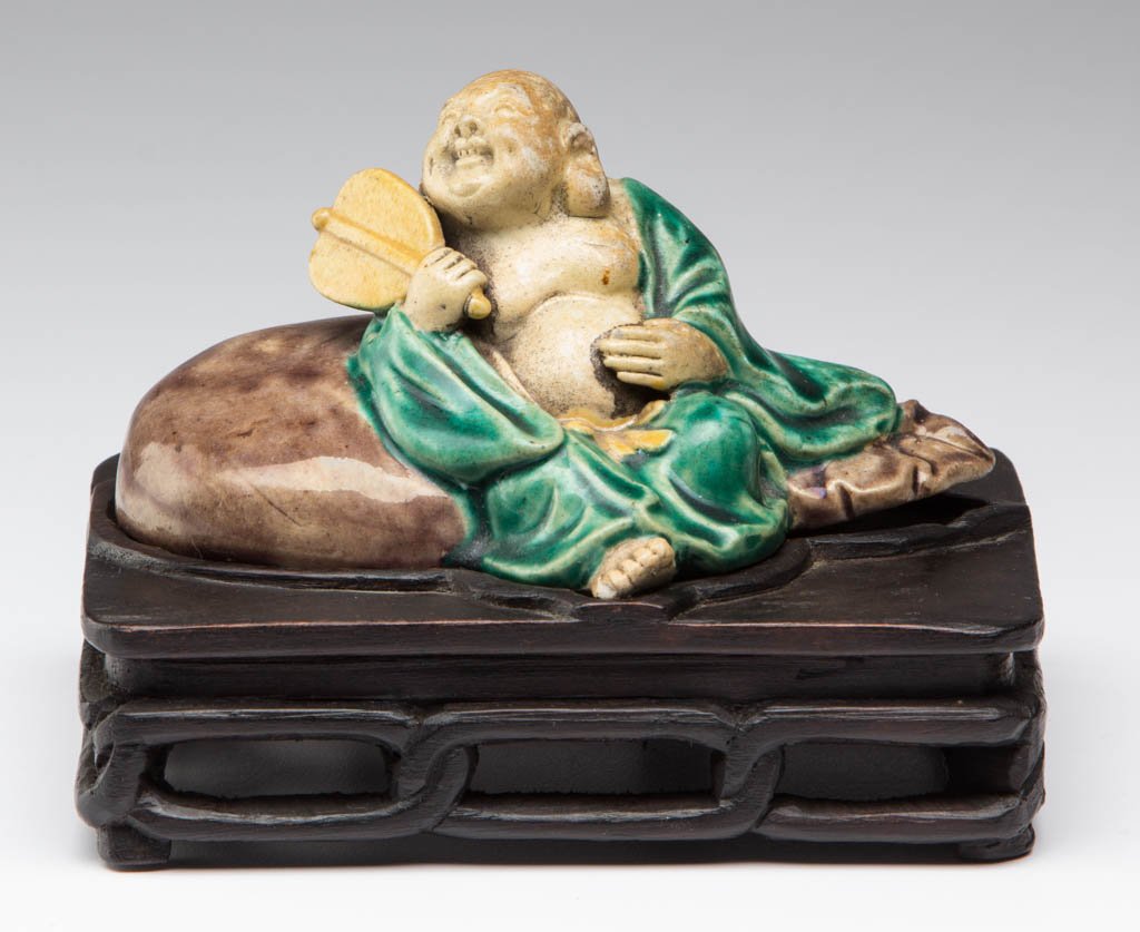 JAPANESE KUTANI POTTERY FIGURE OF RECUMBENT BUDDHA (1 of 4)