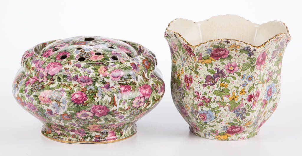 ENGLISH POTTERY CHINTZ FLOWER FROG AND FLOWER POT, LOT (1 of 1)