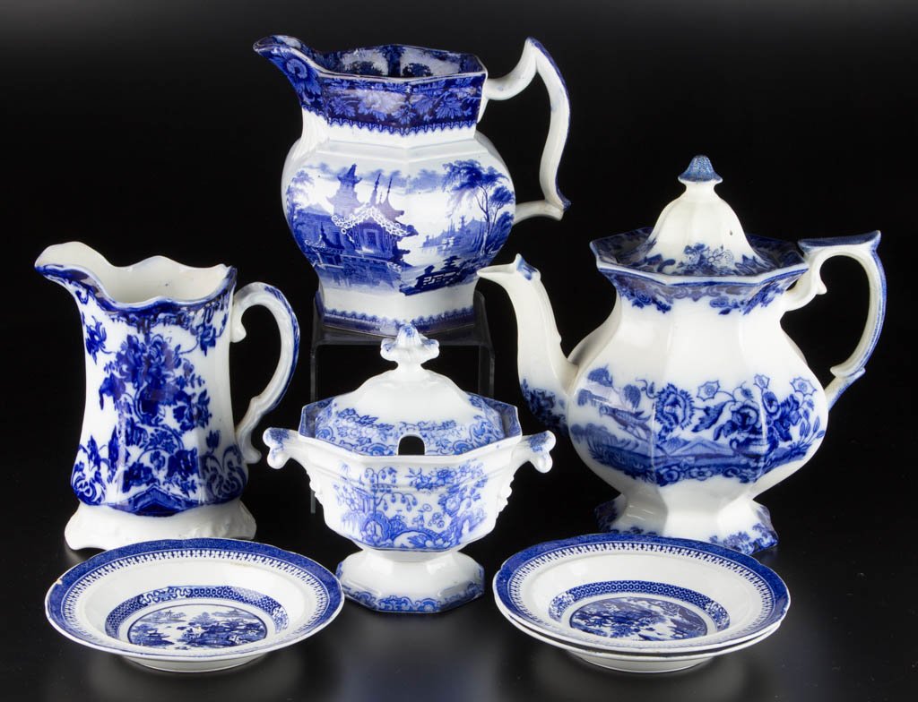 ENGLISH STAFFORDSHIRE POTTERY FLOW BLUE TABLE ARTICLES, (1 of 1)