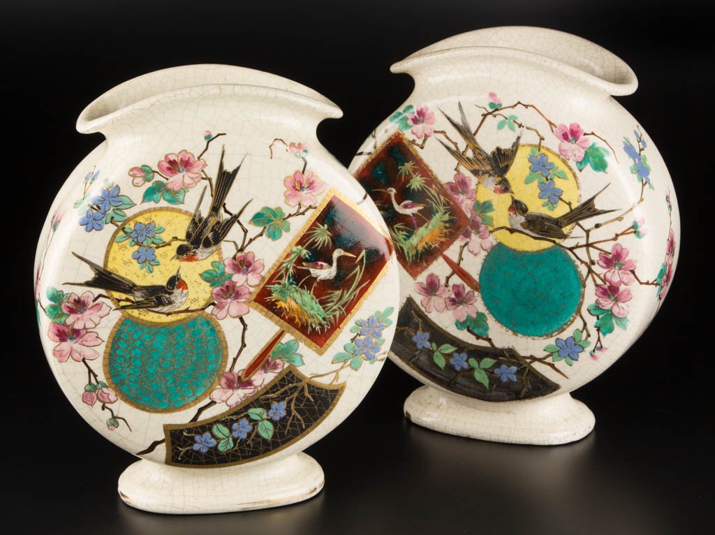 POSSIBLY AMERICAN POTTERY PAIR OF JAPANESQUE MOON FLASK (1 of 2)