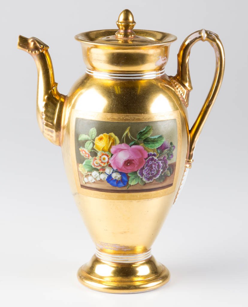GERMAN MEISSEN PORCELAIN NEO-CLASSICAL BIEDERMEIER: GERMAN MEISSEN PORCELAIN NEO-CLASSICAL BIEDERMEIER COFFEE POT AND COVER, with high-arching handle and animal-form spout, the knop on the cover molded as an acorn, each side painted in polychrome ename