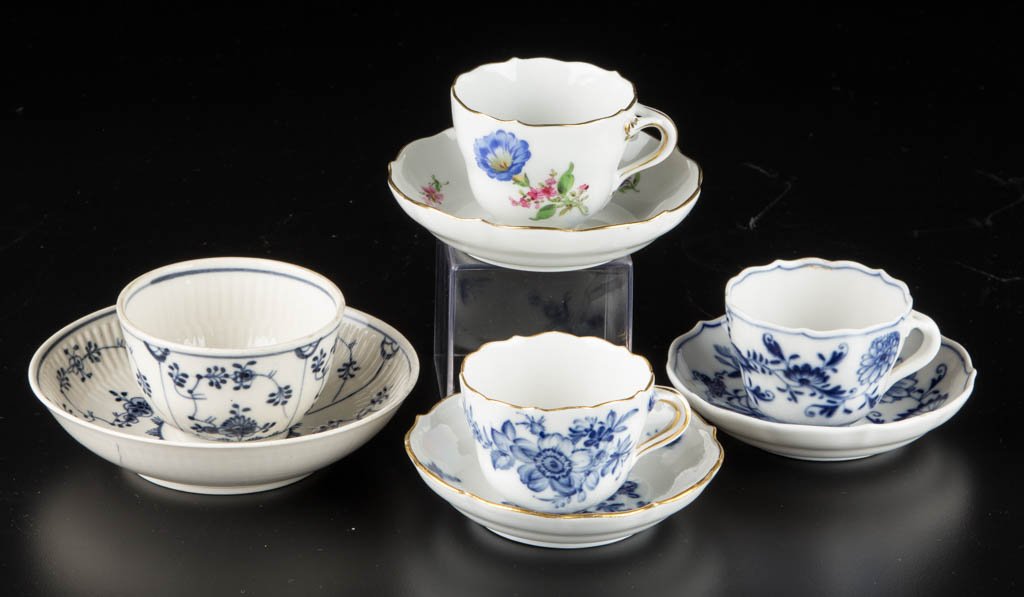 GERMAN AND MEISSEN PORCELAIN CUP AND SAUCER SETS, LOT (1 of 1)