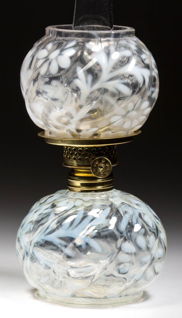 DAISY AND FERN MINIATURE LAMP: DAISY AND FERN MINIATURE LAMP, colorless opalescent, matching pattern ball-form shade, period collar. Fitted with a Plume & Atwood Nutmeg burner, colorless chimney. Late 19th/early 20th century. 6 1/4