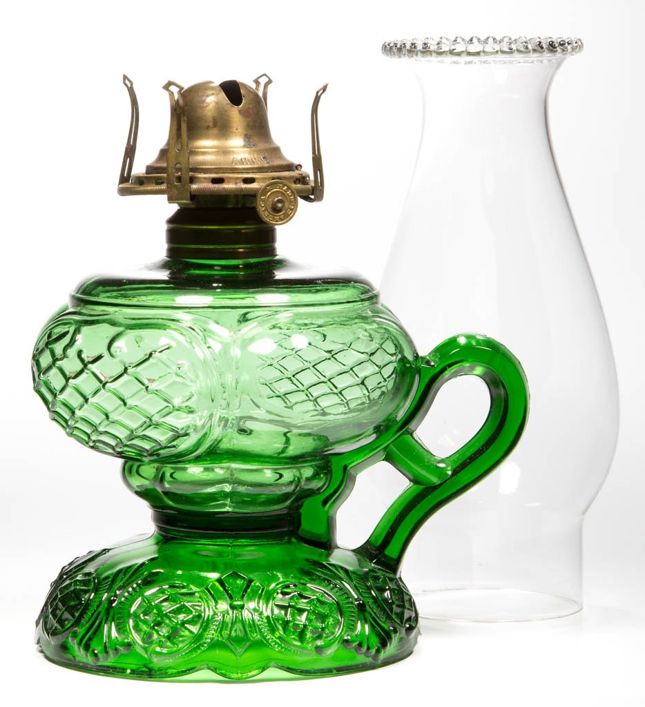 PRINCE EDWARD KEROSENE FOOTED FINGER LAMP: PRINCE EDWARD KEROSENE FOOTED FINGER LAMP, green, No. 1 Taplin-Brown collar. Fitted with a period No. 1 slip burner and colorless Empire chimney. Late 19th/early 20th century. 5 3/8" H to top of colla